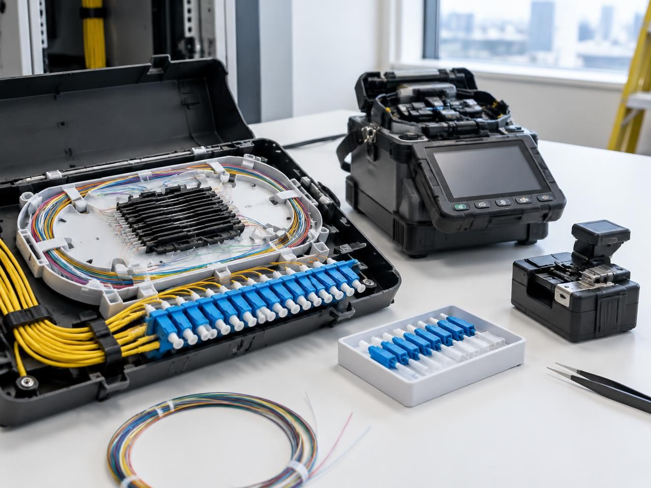Illustrative fibre termination tray and splicing equipment for a Leeds commercial network