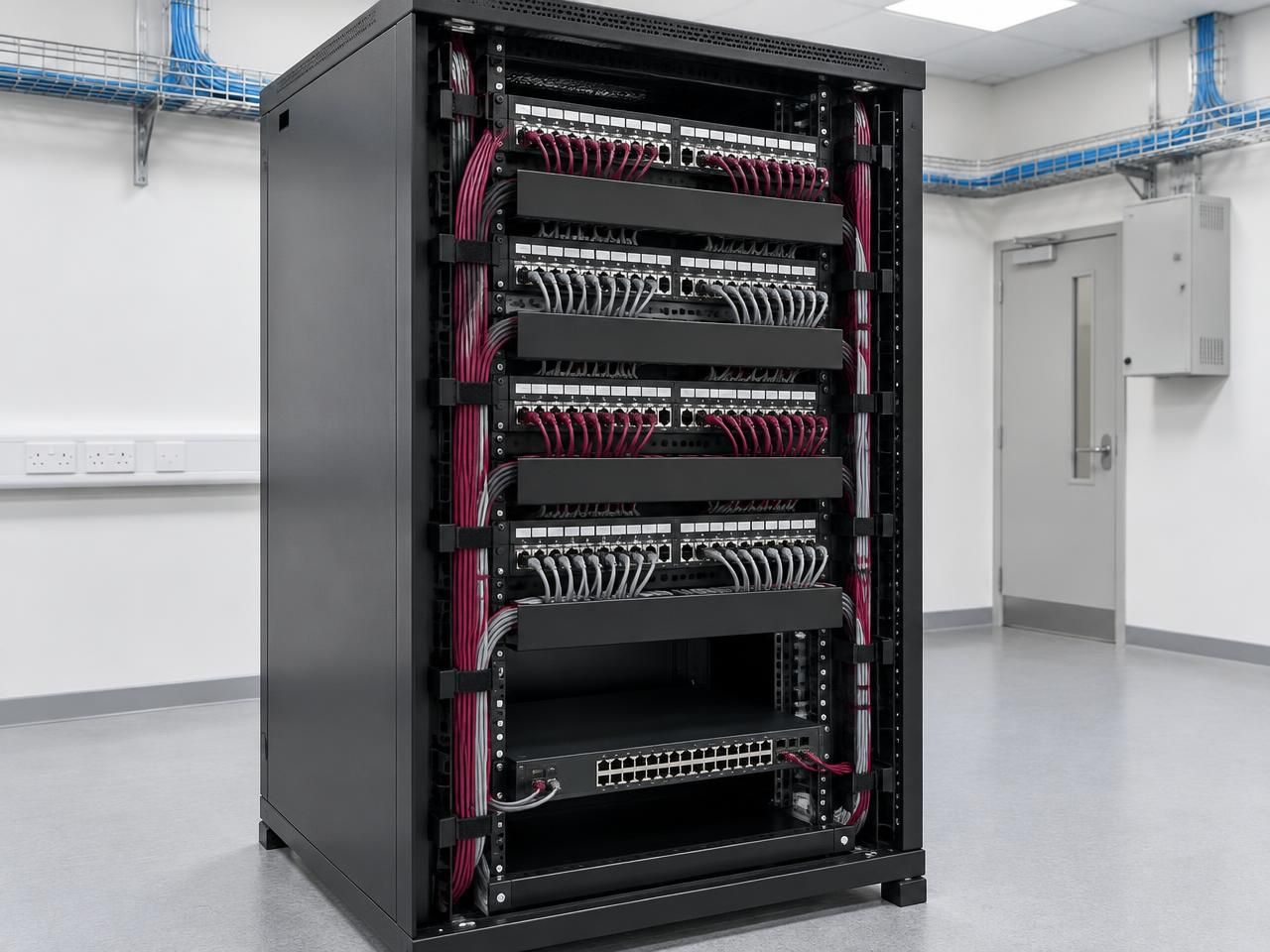 Illustrative network rack and Cat6A patch panels for commercial data cabling in Leeds