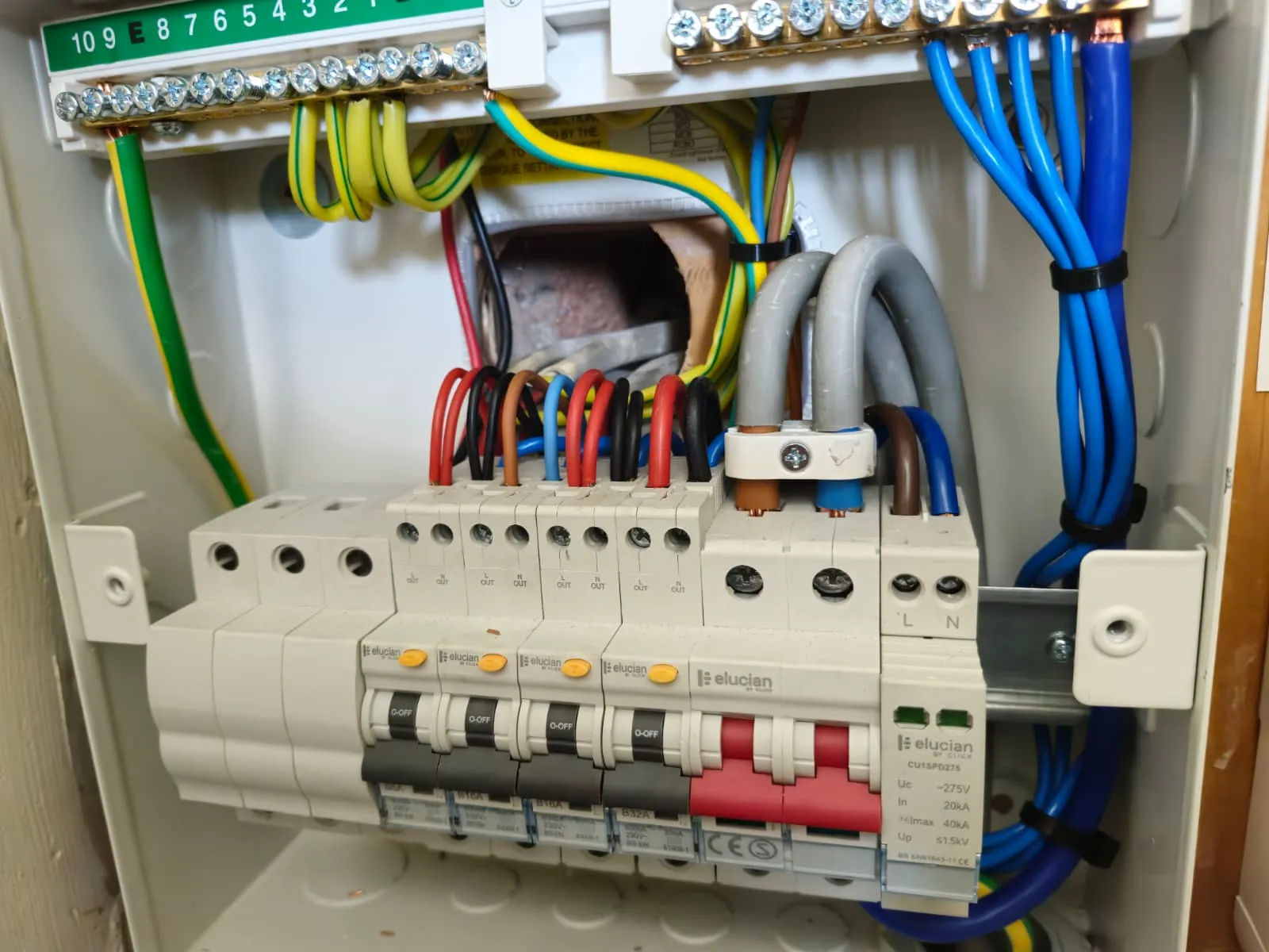 Consumer unit rewire detail showing labelled circuits in Wakefield