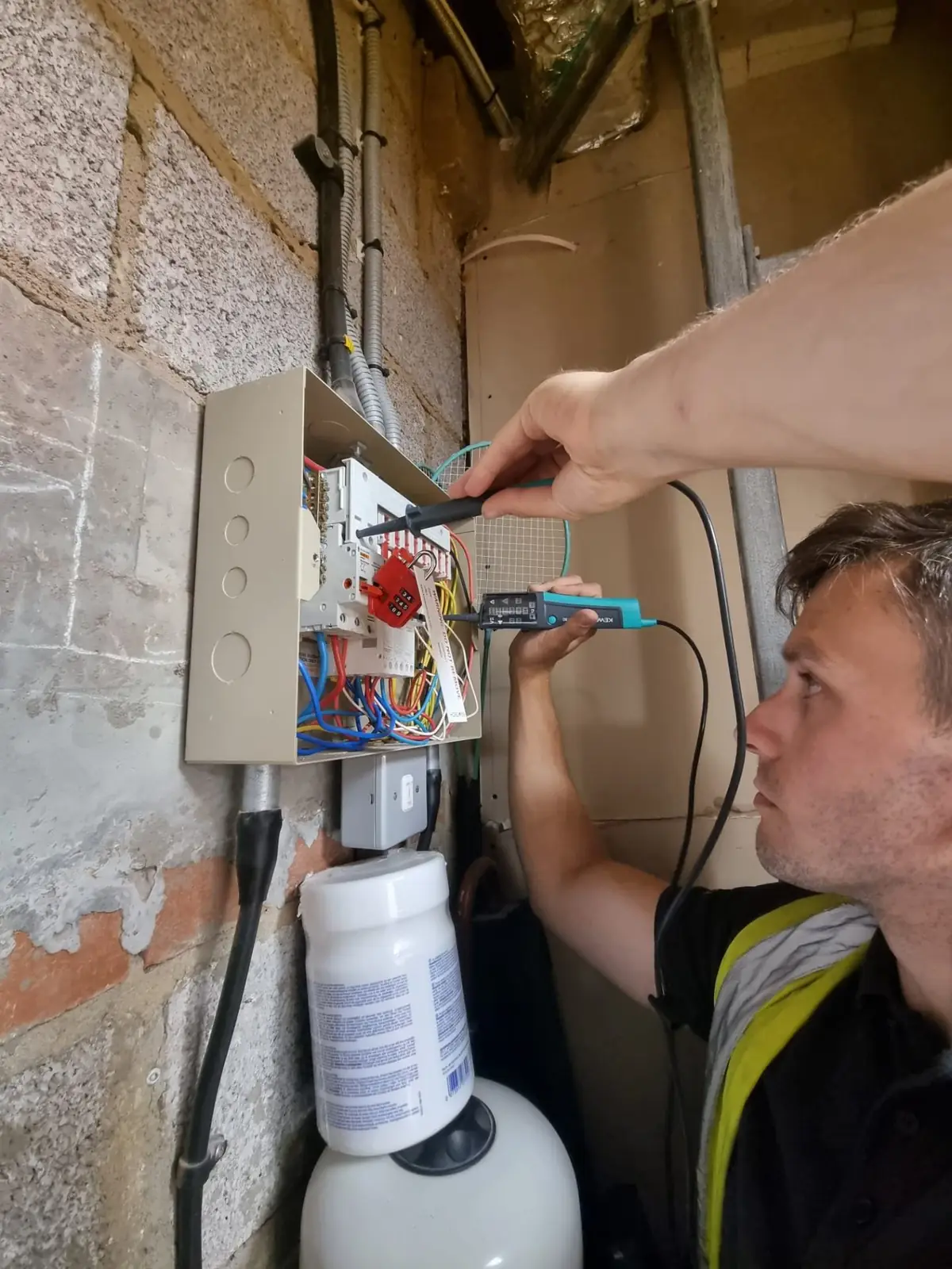 EICR consumer unit testing with two-pole tester in Wakefield